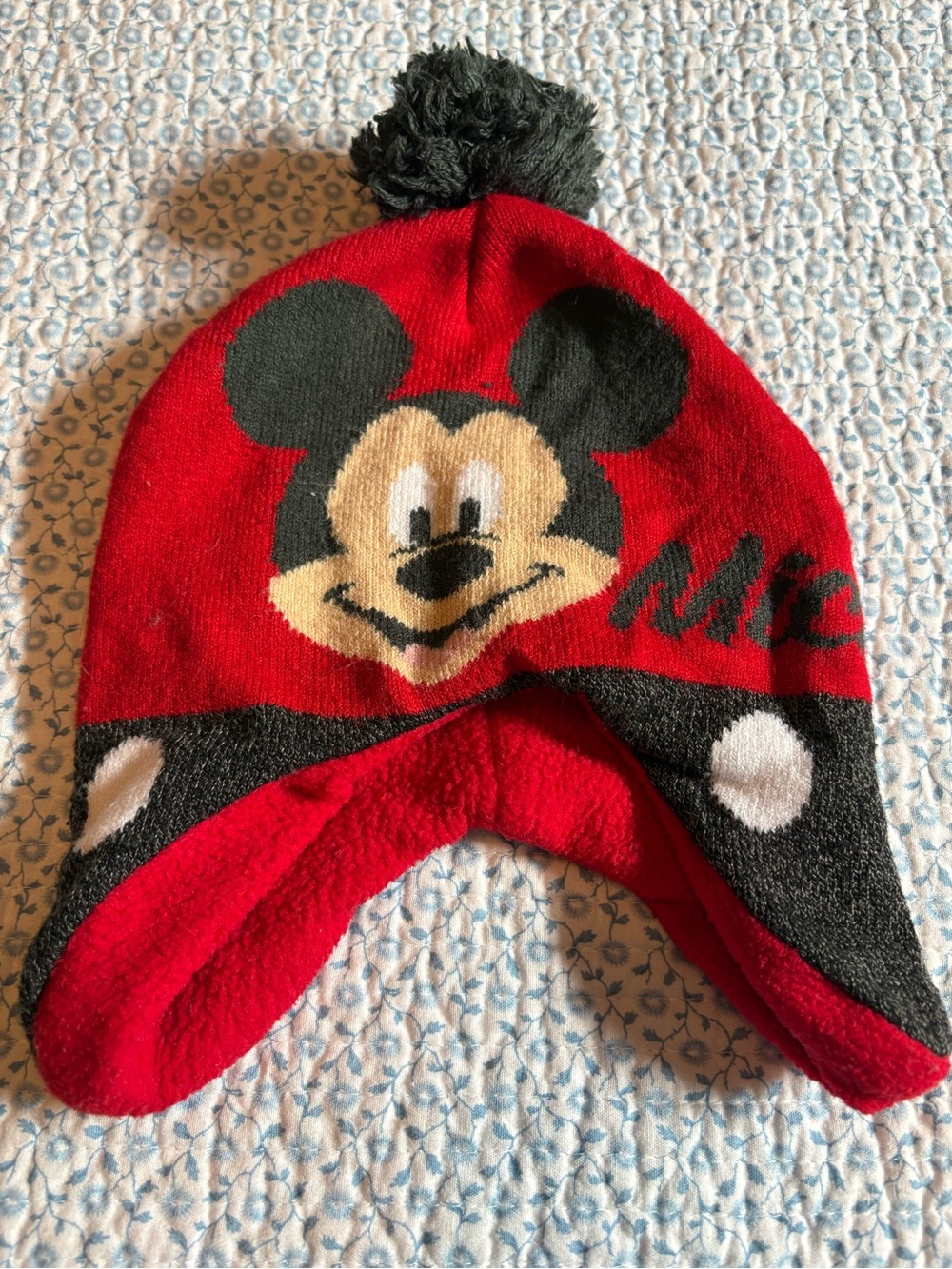 Disney Red and Black Mickey Mouse Pom-Pom Earflap Hat